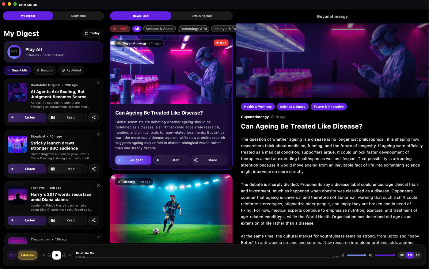Brief Me On desktop app with My Digest, News Feed, and reader columns